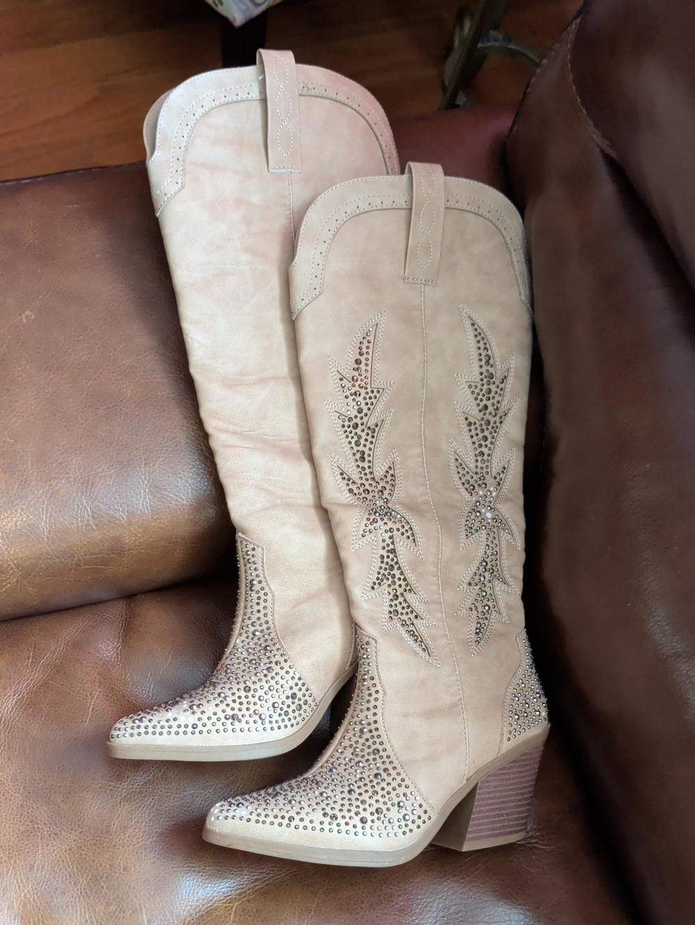 Sugar Beige Studded Knee-High Western Heeled Boots